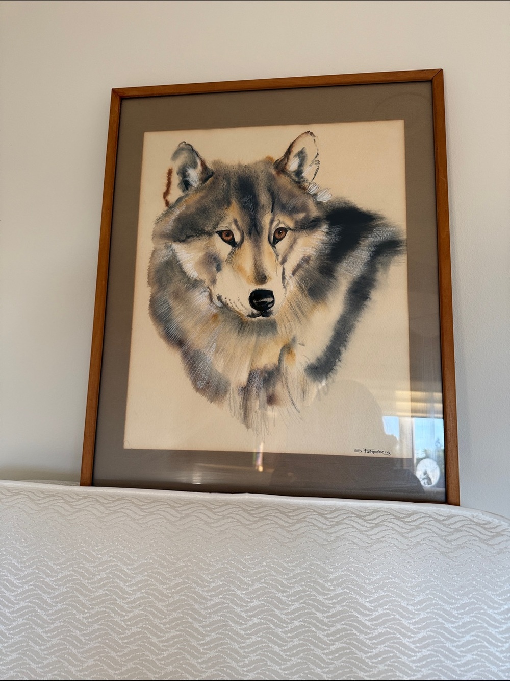 Framed Wolf Wall Art in Gray and Cream Tones